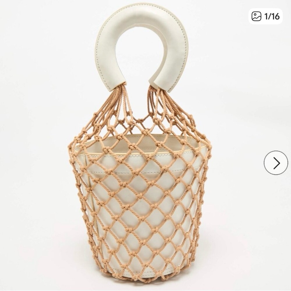 STAUD Moreau Macrame Bucket Bag in white and tan